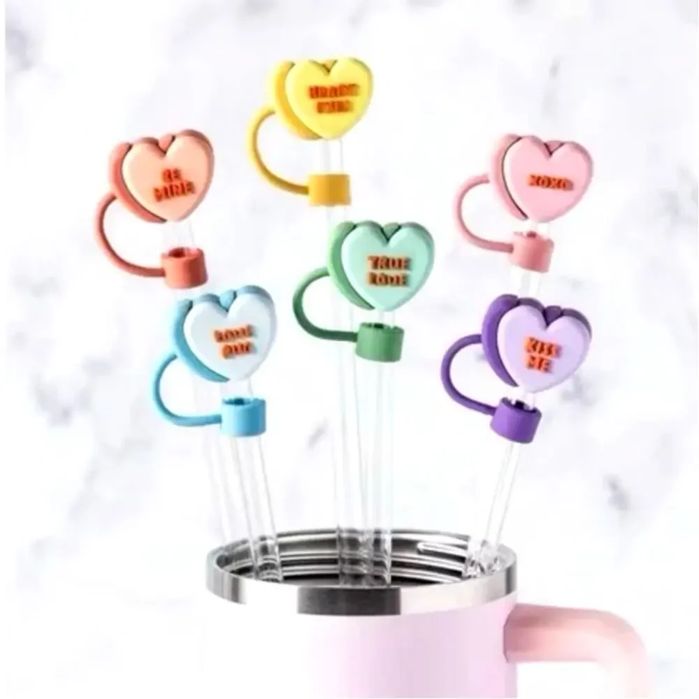Conversation Heart Straw Toppers 6pk Valentines Day Multicolor Silicone XO New